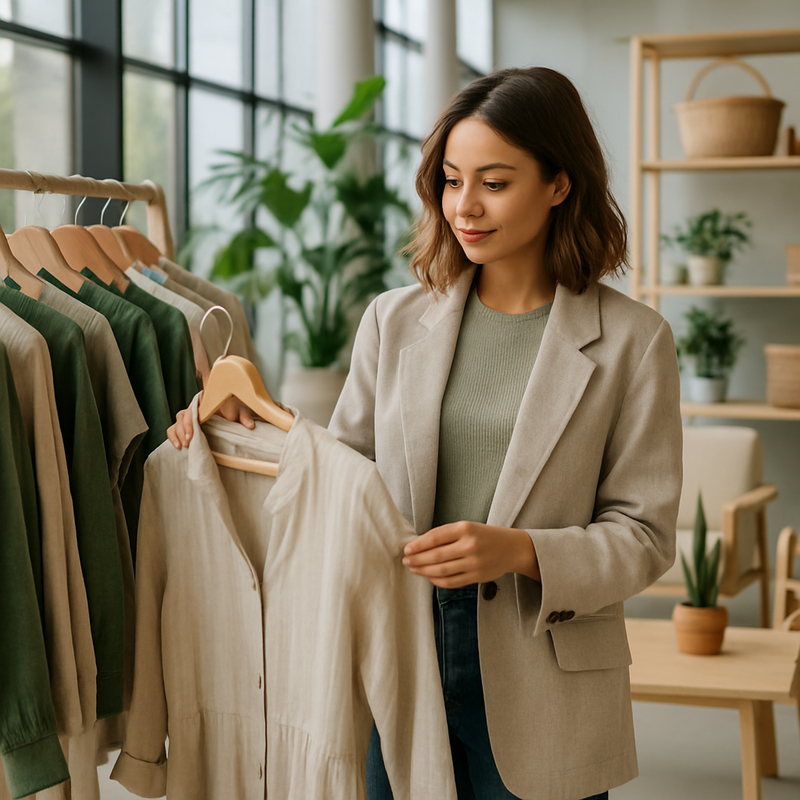 Jonge vrouw koopt duurzame mode en design op een moderne beurs