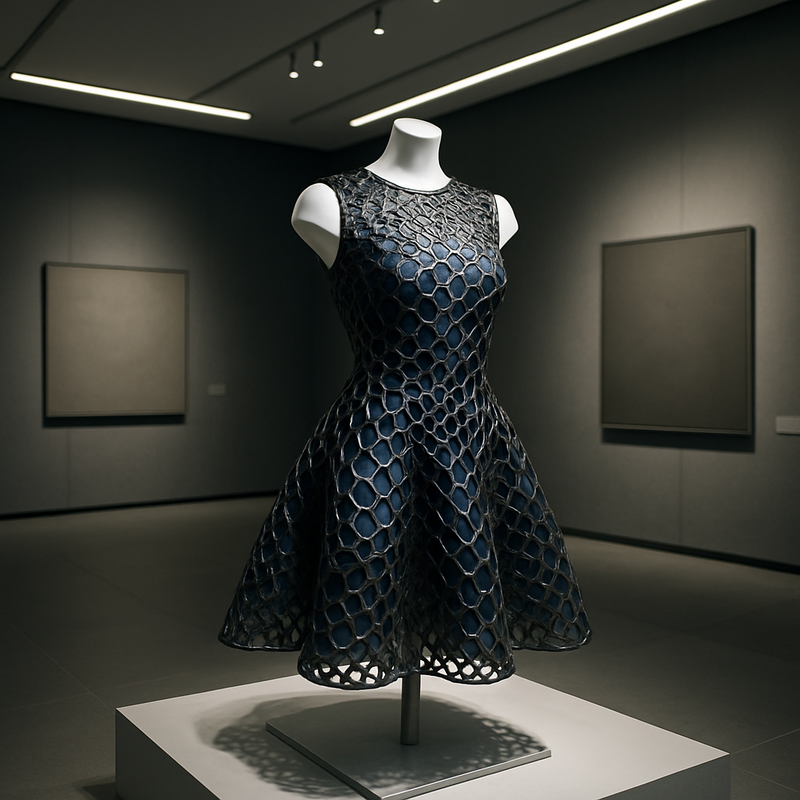 Futuristische 3D-geprinte jurk van Iris van Herpen in een modern museuminterieur