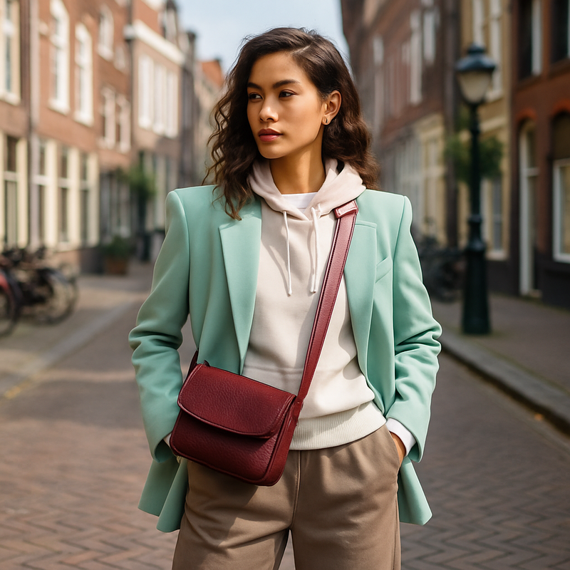 Jonge vrouw in Leiden in pastel en sportieve chic, powerschouders en bordeaux accessoires, stadsachtergrond