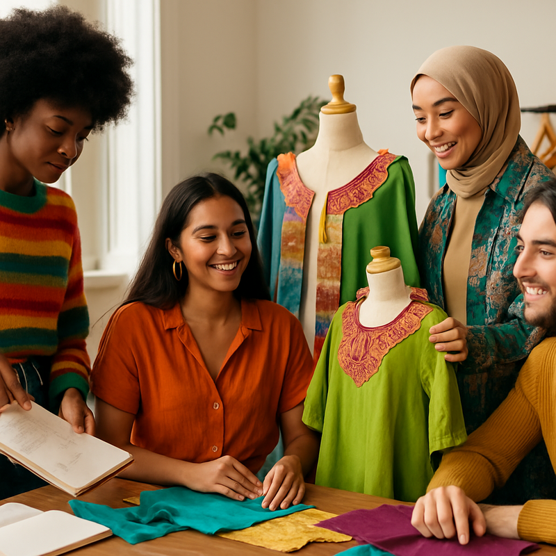 Diverse groep modeontwerpers in studio met duurzame kleding