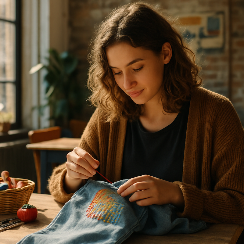Vrouw die haar jeans zichtbaar repareert in een repair café in een stedelijke omgeving.