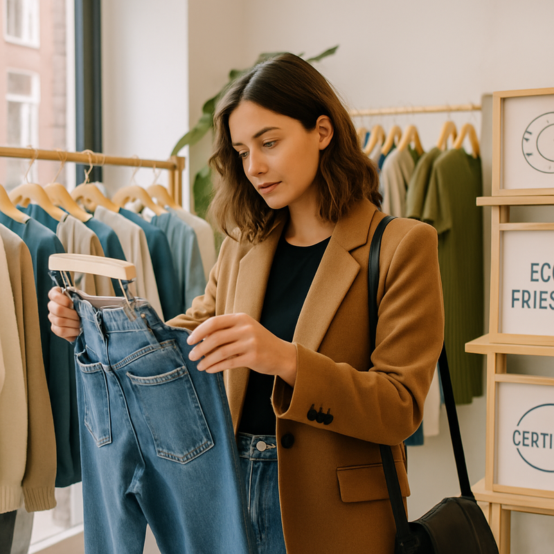 Jonge consument bekijkt duurzame spijkerbroeken in een Amsterdamse winkel met eco-certificaten