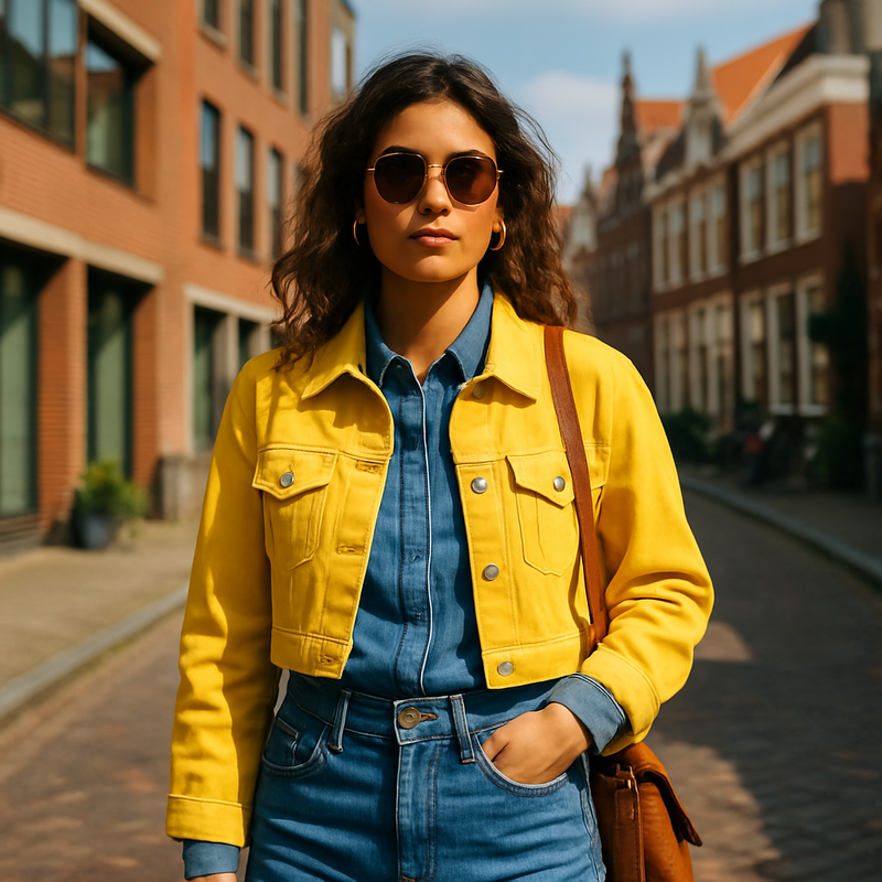 Jonge modebewuste persoon in Leiden draagt double denim en een botergeel cropped jasje, uiting van duurzame en betaalbare mode.