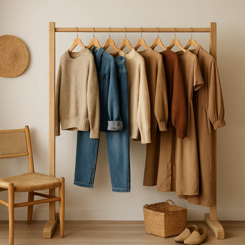 Minimalistische garderobe met duurzame kledingstukken in een warm interieur