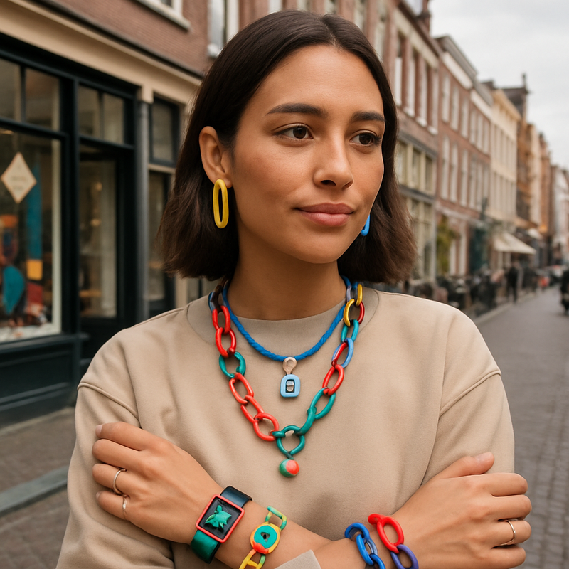 Jonge persoon draagt kleurrijke, modulaire en duurzame accessoires in stedelijke omgeving Leiden