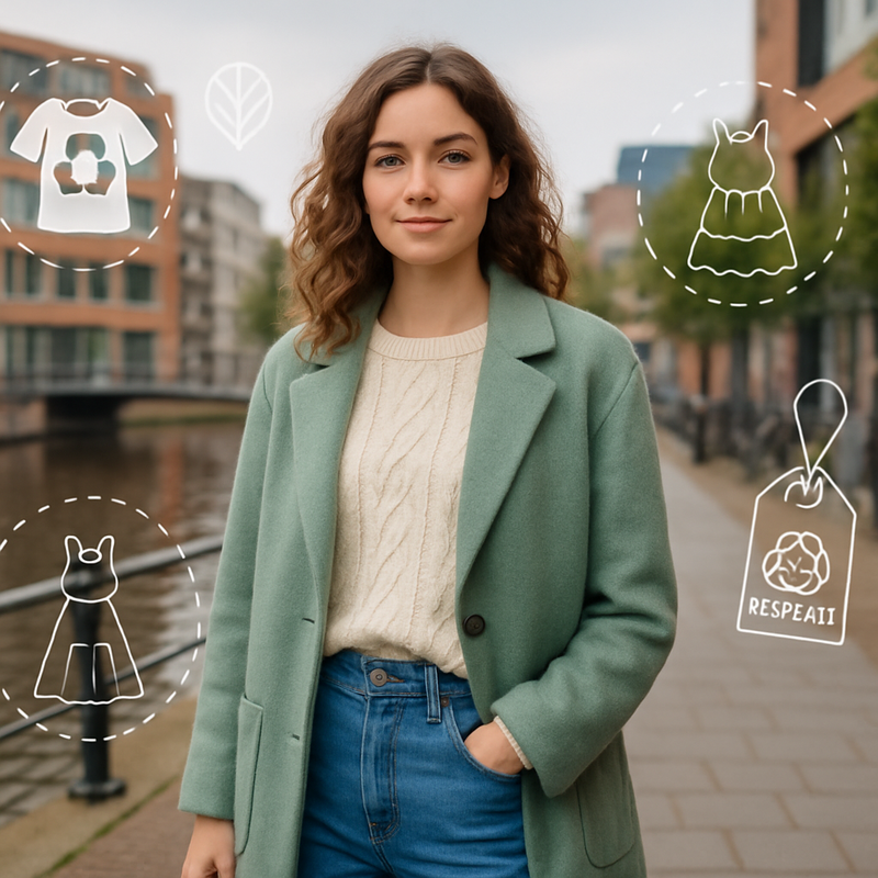 Jonge vrouw draagt duurzame kleding van gerecyclede materialen in stedelijke omgeving van Leiden