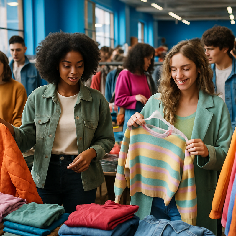 Jonge mensen shoppen kleurrijke vintage kleding bij een drukbezochte pop-up markt.