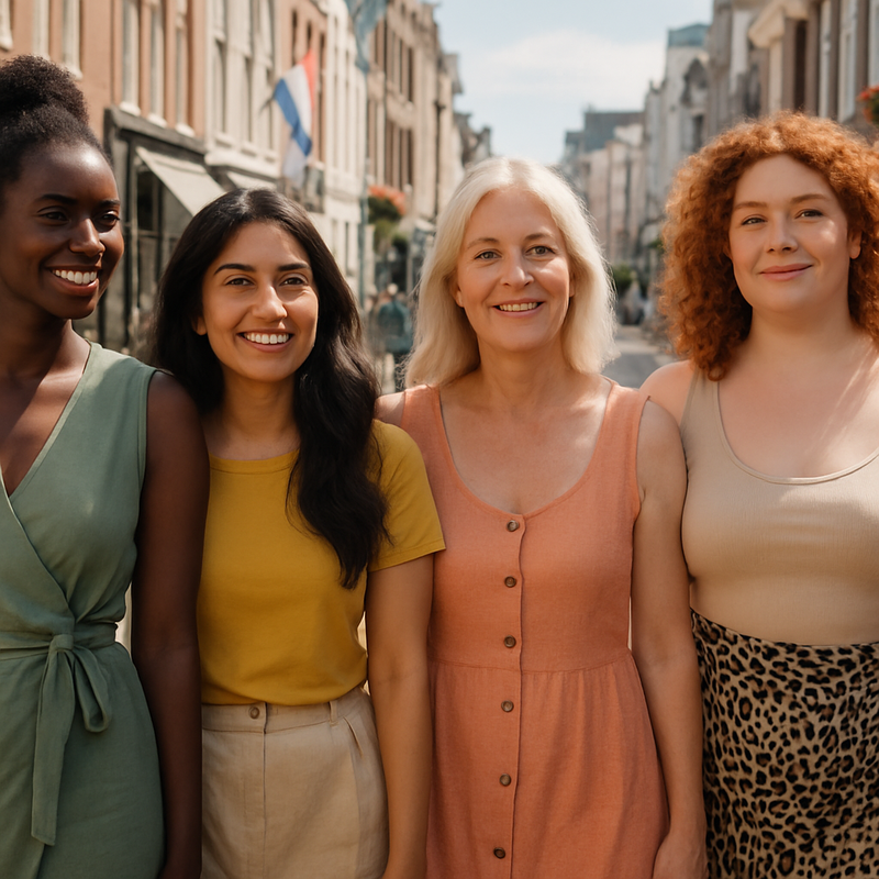 Groep diverse modellen in een winkelstraat dragen inclusieve mode, met verschillende leeftijden en lichaamstypes