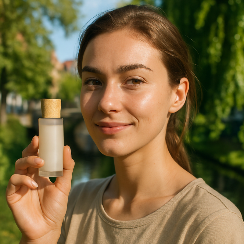 Vrouw in Leiden toont duurzaam cosmetica product met milieuvriendelijke verpakking