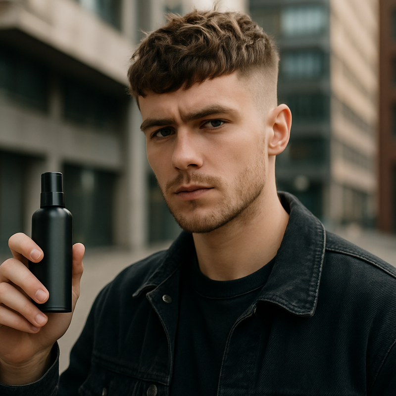 Jonge man met een textured crop kapsel en multifunctioneel haarproduct in moderne stedelijke omgeving