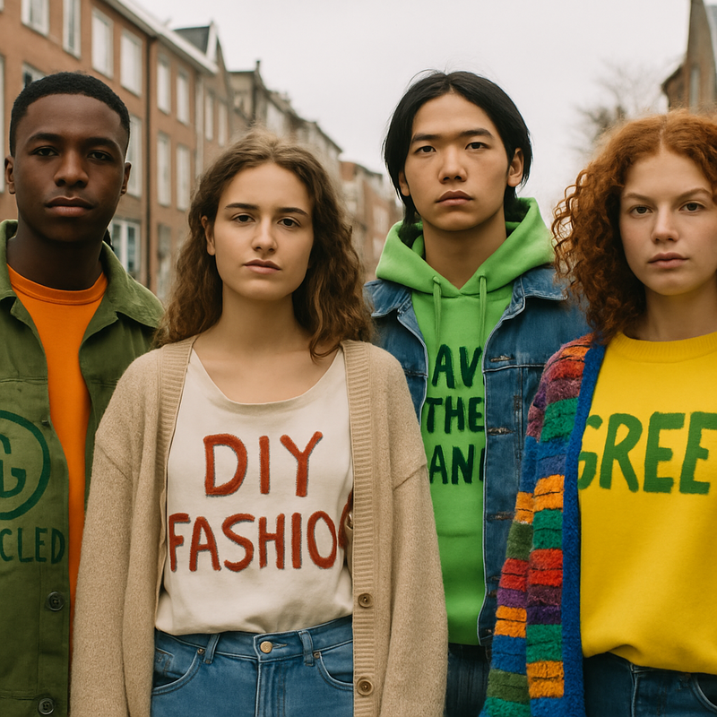 Diverse groep jongeren in duurzame en zelfgemaakte kleding in stedelijke omgeving