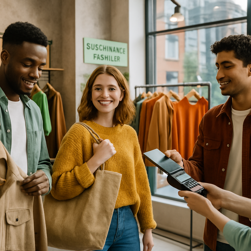 Jonge mensen kopen duurzame mode in een moderne winkel met digitale betaalmogelijkheden