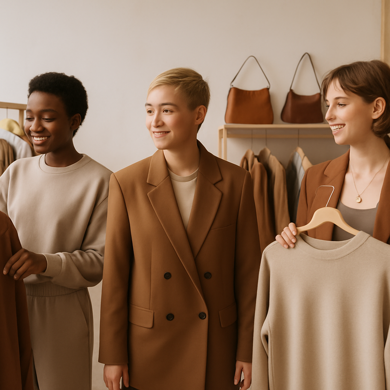 Jonge diverse modellen dansend in een minimalistische winkel met genderneutrale kleding en sieraden in warme aardetinten