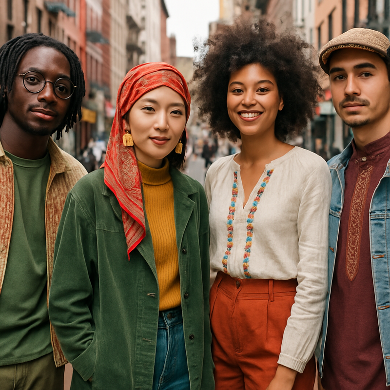 Jonge mensen in diverse, culturele modieuze kleding buiten in de stad