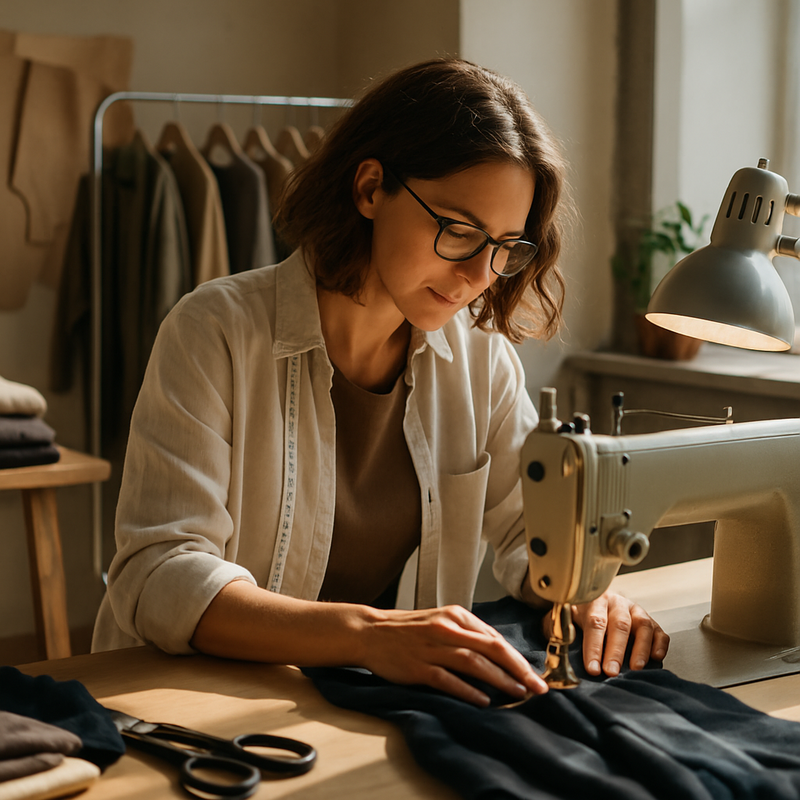 Ambachtsman naait duurzame mode in een lichte werkplaats