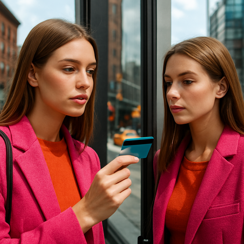 Jonge vrouw kijkt naar haar spiegelbeeld met creditcard in de hand in een stadsomgeving.