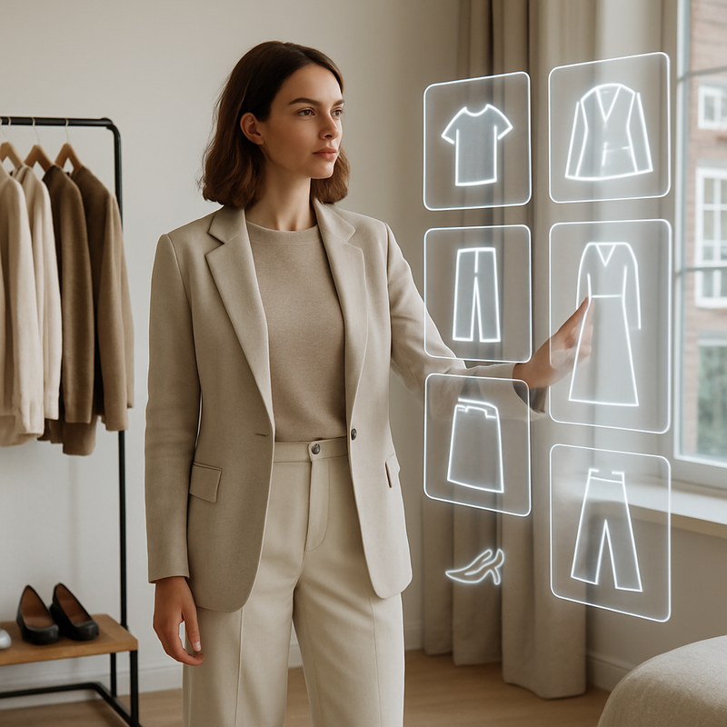 Stijlvol persoon met minimalist kleding in een modern interieur met digitale pasvorm tools