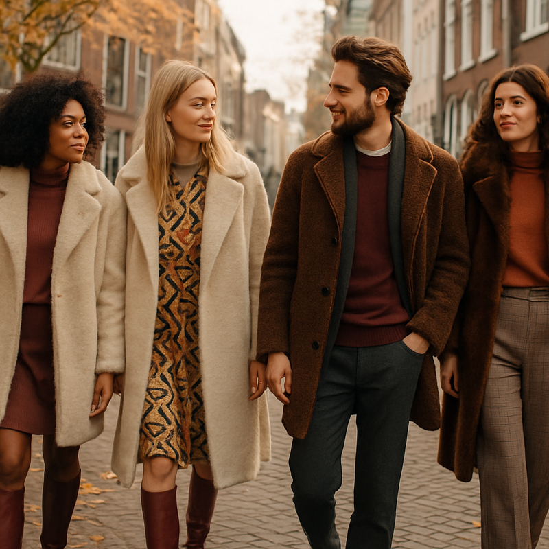 Stijlvolle mensen op straat in Leiden met faux fur jassen en bordeauxrode laarzen in herfstmode.