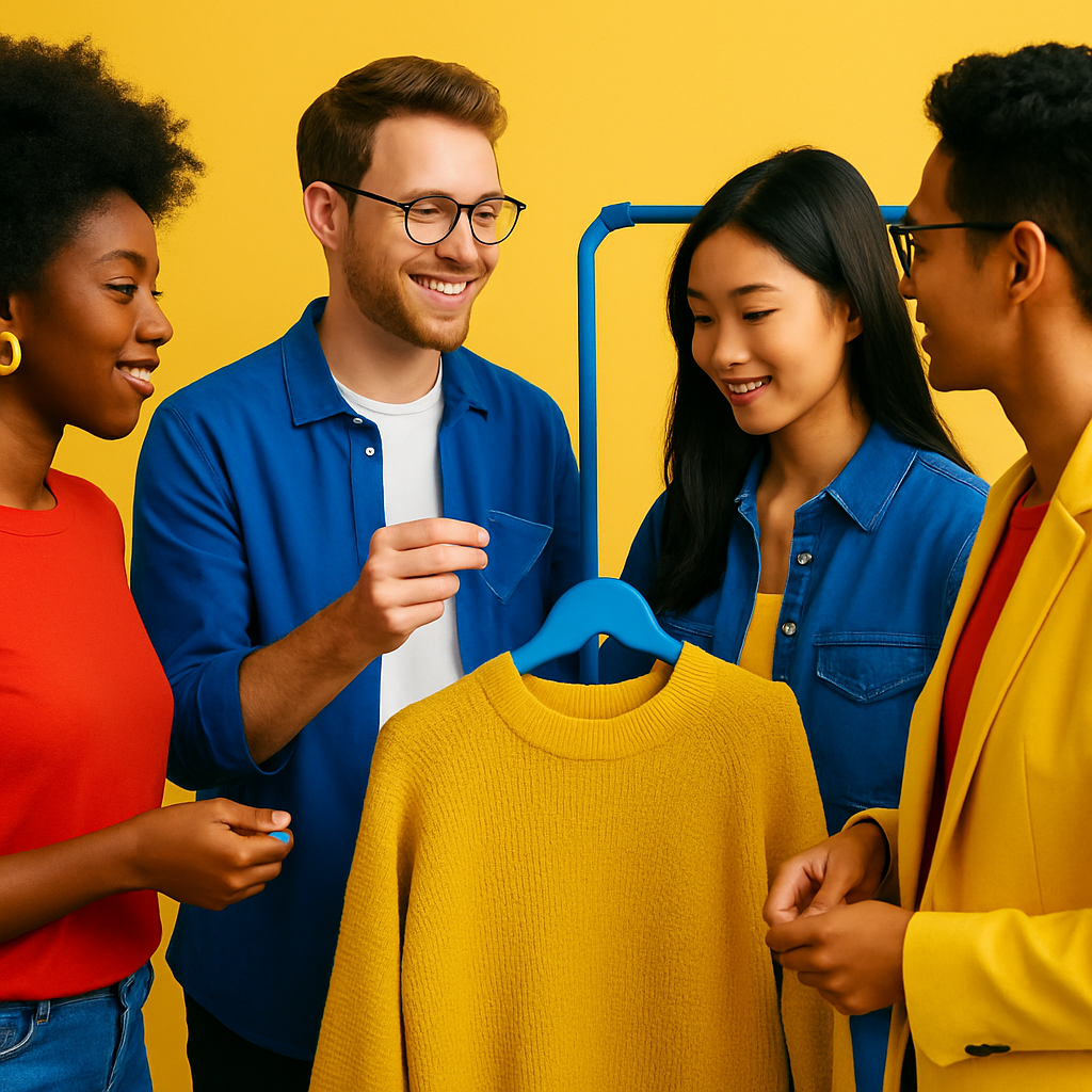 Een groep mensen, met diverse achtergronden, staat bij een stand op een levendig mode-evenement. Ze bekijken textielstalen en praten geanimeerd, wat interactie en bewustwording symboliseert. De kleuren zijn helder en contrasterend.