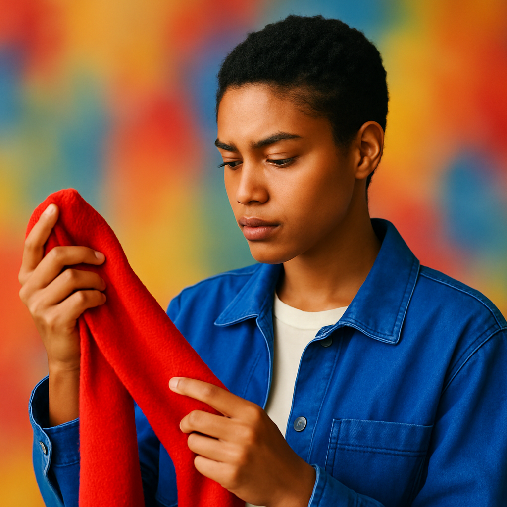 Een persoon met diverse kenmerken inspecteert bedachtzaam een kledingstuk, met op de achtergrond abstracte, kleurrijke vormen die mode-invloeden symboliseren. De focus ligt op persoonlijke stijl en bewuste keuzes.