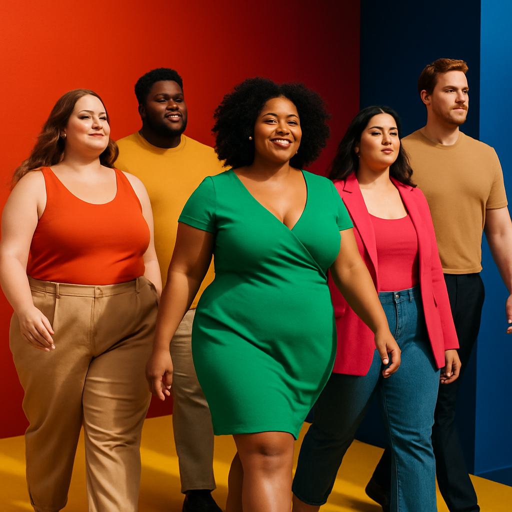 Een kleurrijke foto van een diverse groep modellen van verschillende lichaamstypes en etniciteiten, die vol zelfvertrouwen over een gestileerde catwalk lopen. Ze dragen modieuze kleding die hun figuren flatteert. De achtergrond is minimalistisch en helder, met prominente primaire kleuren.