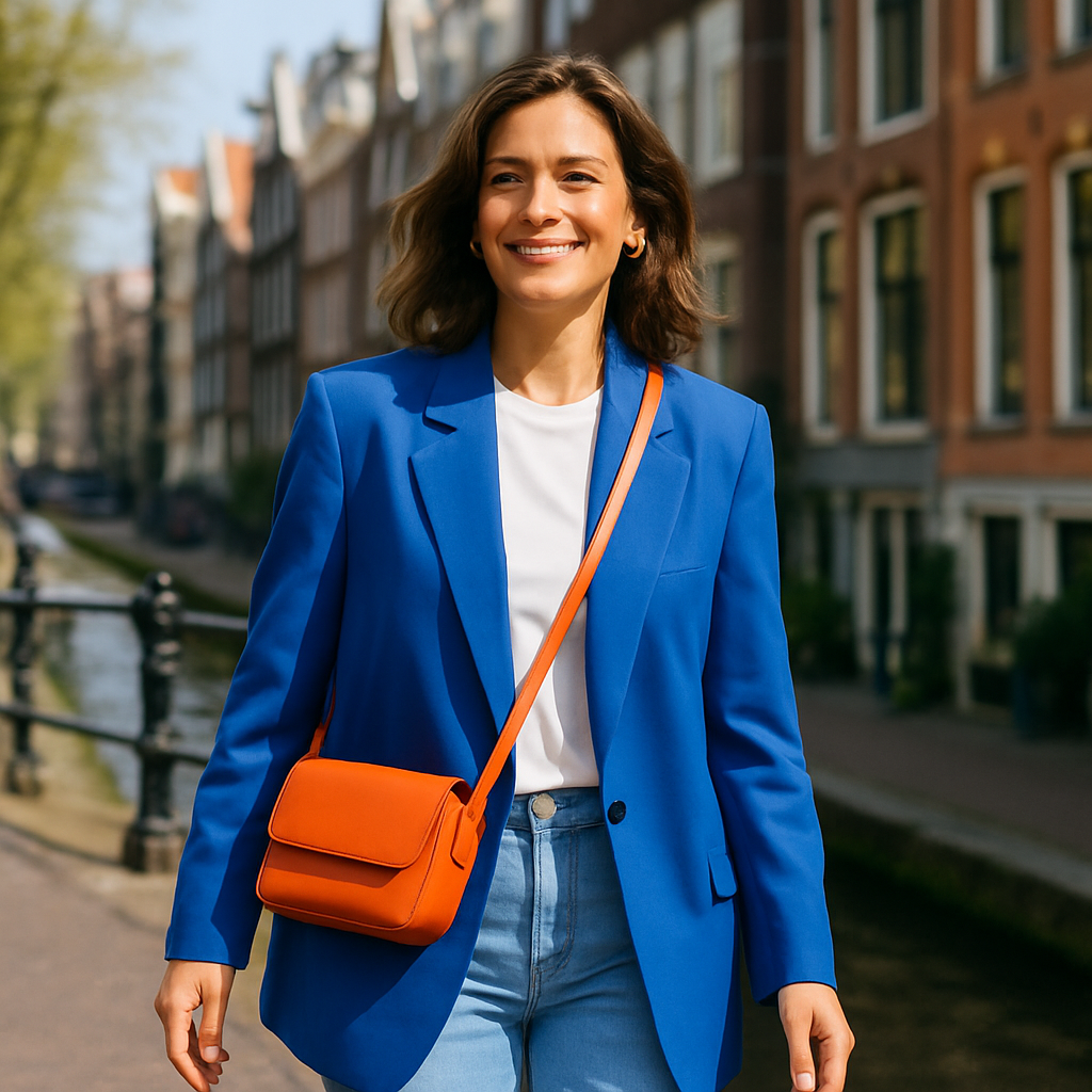 Een lachende vrouw, gekleed in een oversized kobaltblauwe blazer, lichte jeans en een wit T-shirt, loopt met een feloranje tas langs een gracht in Amsterdam, stralend van zelfvertrouwen.