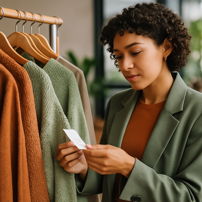 Jonge consument bekijkt kledingetiket in duurzame modemiddagwinkel