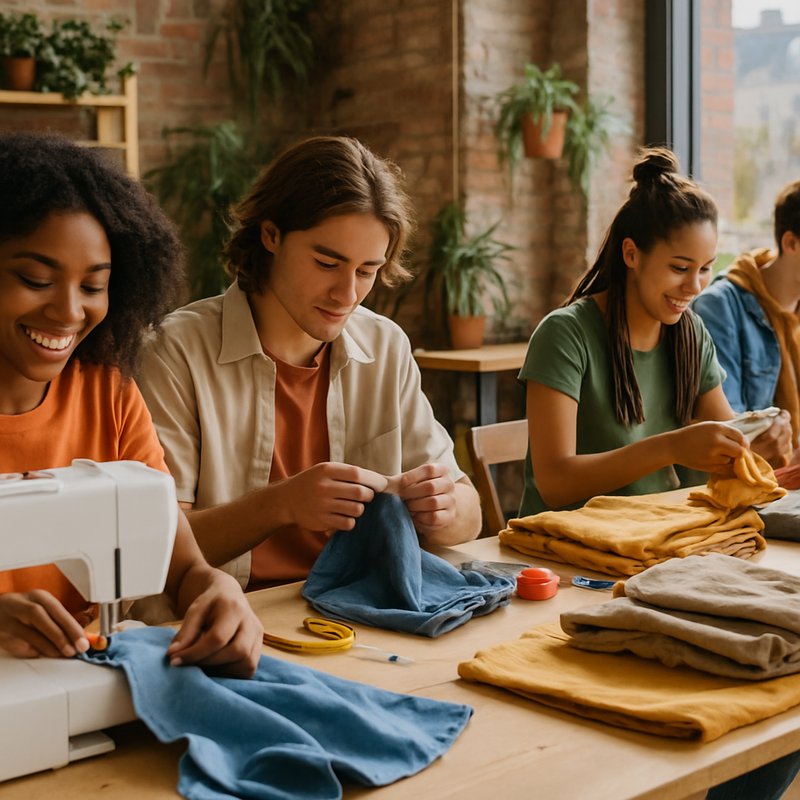 Jongeren die kleding repareren en upcyclen tijdens een duurzame mode-workshop in Leiden