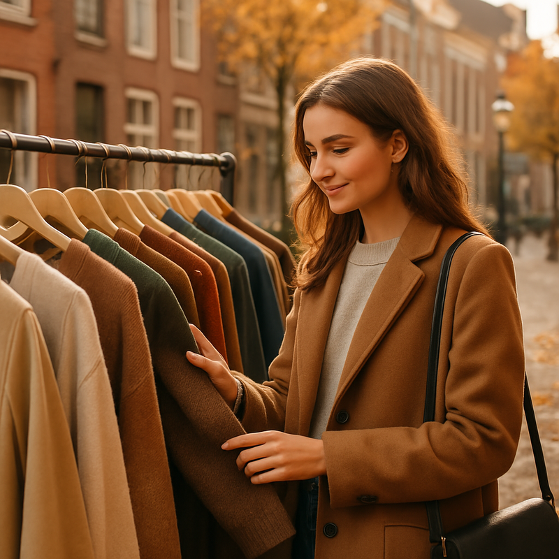 Jonge vrouw kiest duurzame kleding in modehuurshop in Leiden, herfst 2025