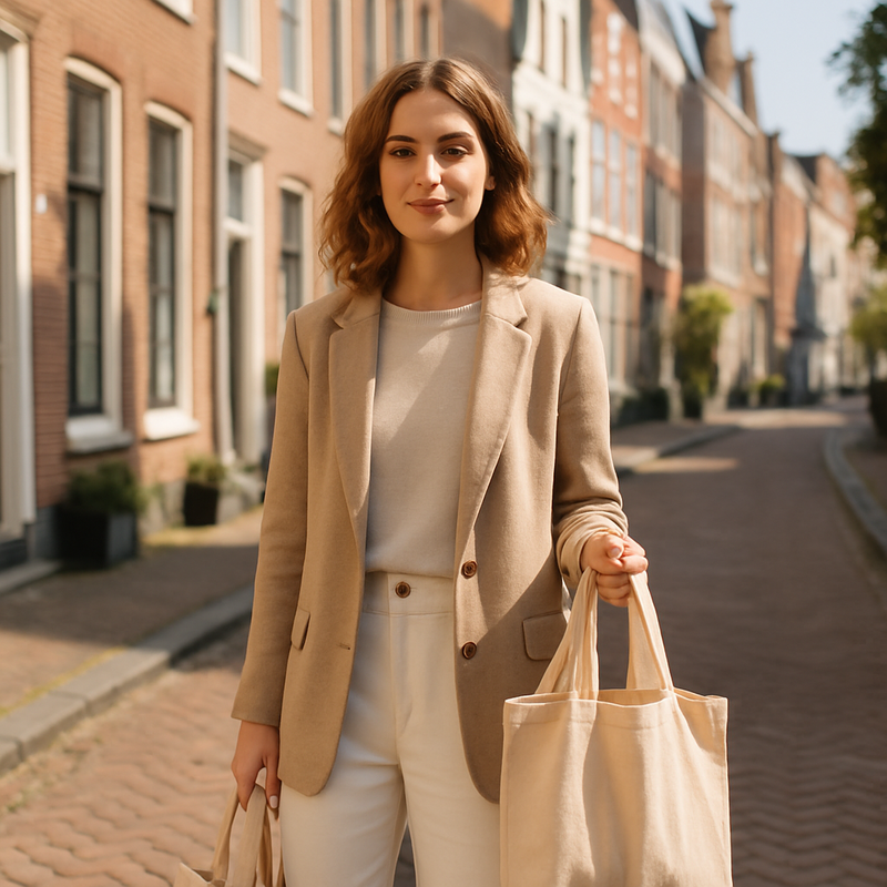 Jonge vrouw in duurzame, tijdloze outfit met eco vriendelijke accessoires in een zonnige Leidse straat