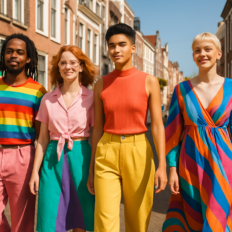 Verschillende jonge mensen in kleurrijke genderfluïde kleding lopen op straat in Leiden