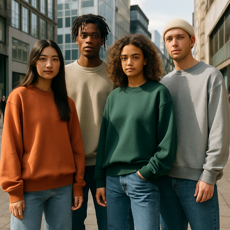 Diverse jonge volwassenen in oversized truien en jeans poseren in stadsomgeving, illustratie van snelle modekooptrends.