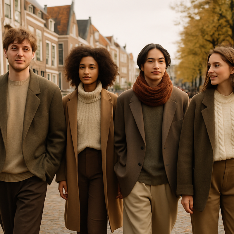 Jonge mensen in Leiden dragen duurzame kleding in beige, blauw en terracotta, op een herfstachtige straat