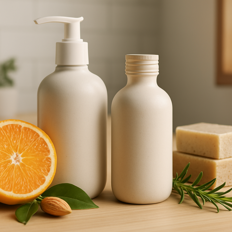 Duurzame refillbare verzorgingsproducten in minimalistische badkameromgeving