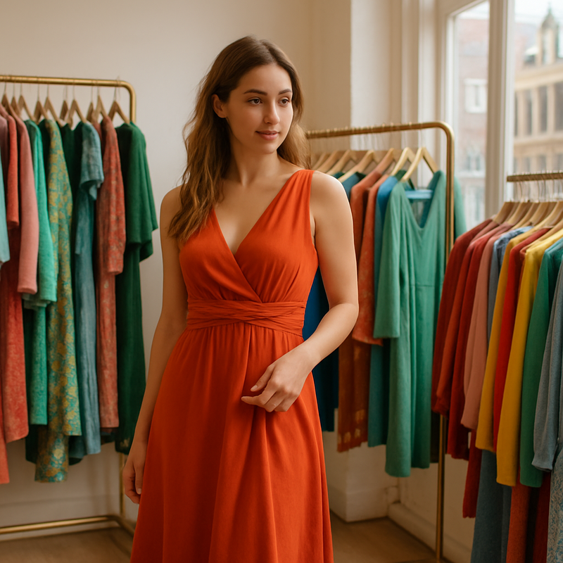 Vrouw in een boutique in Leiden die een jurk selecteert uit een kledingrek met verhuurde mode
