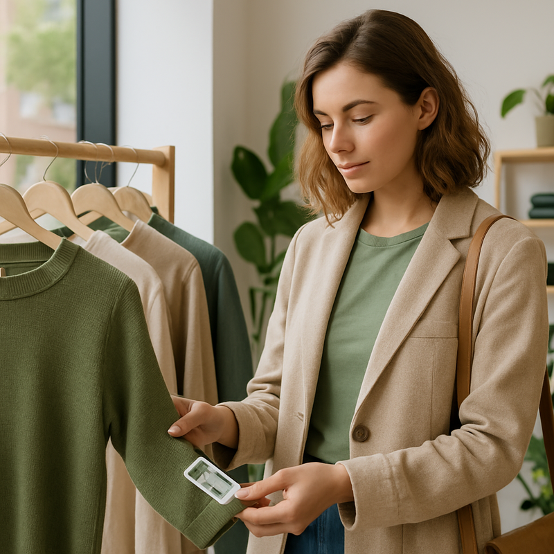 Jonge stijlvolle consument koopt duurzame kleding in een moderne winkel in Nederland