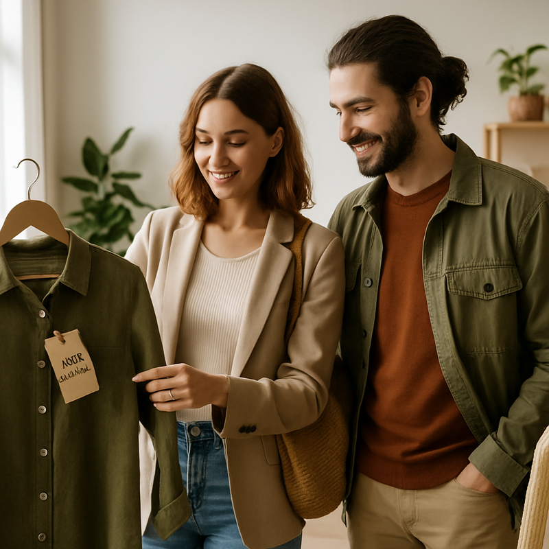 Stijlvol jong stel koopt duurzame mode in lokale boetiek met ecologische kledinglabels
