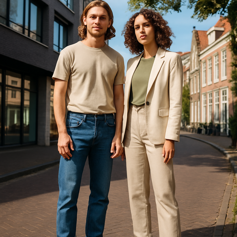 Jonge volwassenen in Leiden dragen duurzame plantaardige sneakers in een stadsomgeving