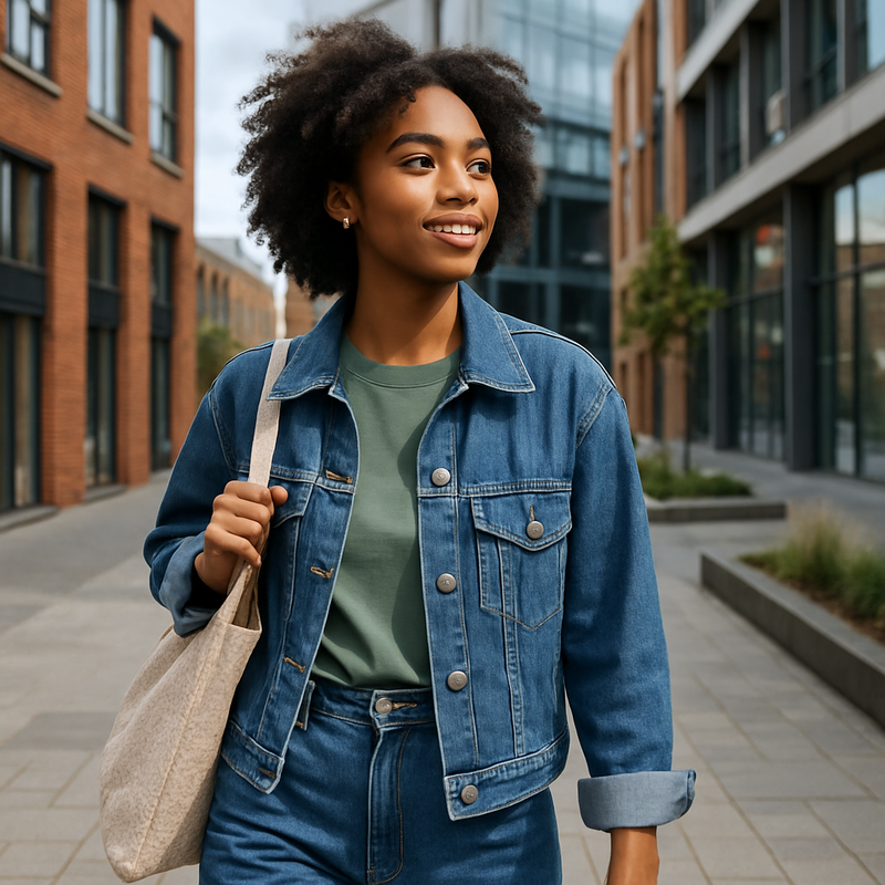 Jonge volwassene in duurzame denim kleding in stedelijke omgeving van Leiden