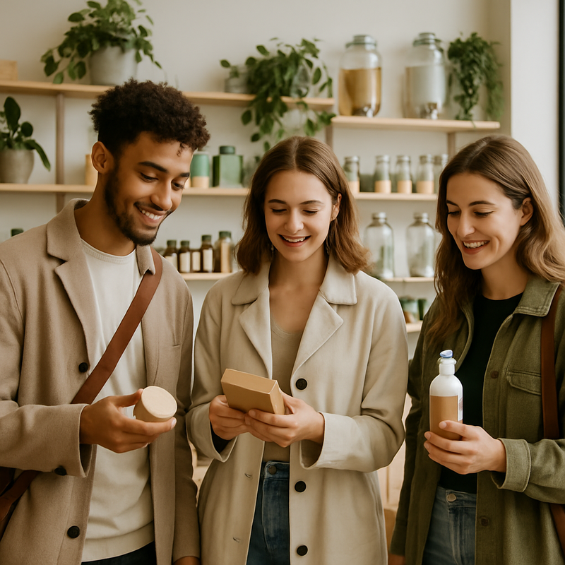 Stijlvolle jonge volwassenen in een duurzame beautystore in Leiden met natuurlijke verzorgingsproducten en refillstations.