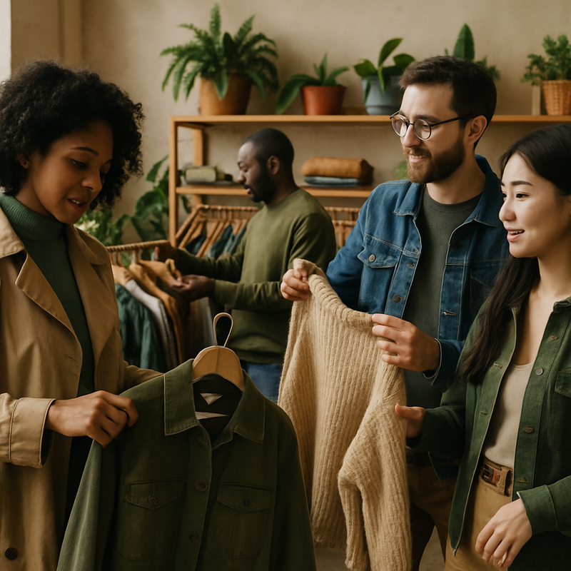 Shoppers in een duurzame modewinkel in Leiden, omringd door tweedehands en circulaire kleding.