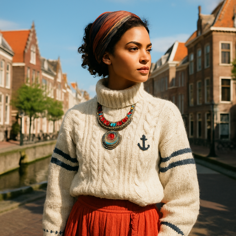 Jonge vrouw in eclectische, duurzame en cultureel geïnspireerde kleding in Leiden