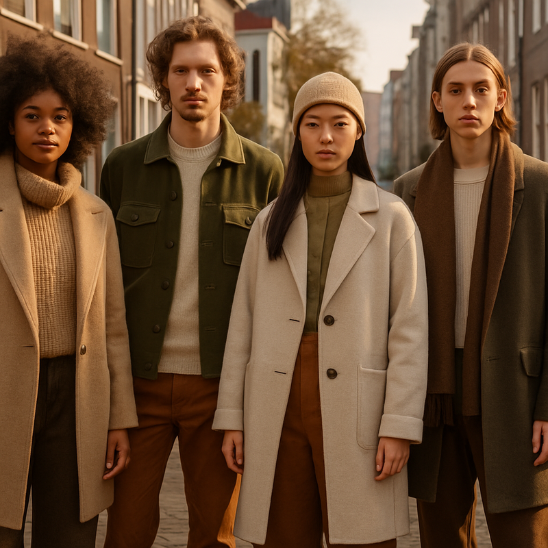 Diverse groep jonge mensen in duurzame mode met ambachtelijke details in een straat te Leiden.