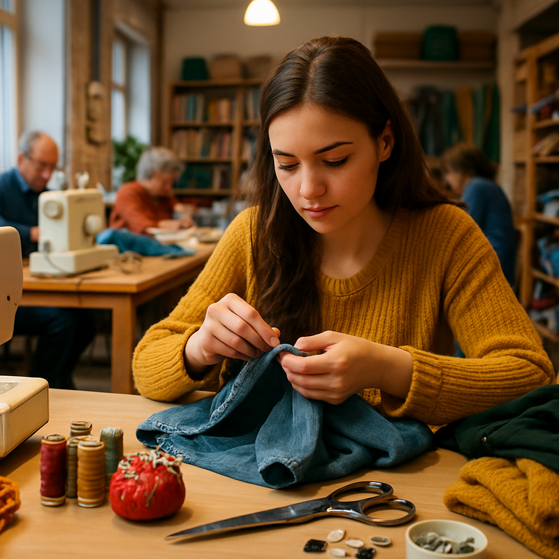 Vrouw repareert kleding in repair café met naaiset en gerepareerde kledingstukken