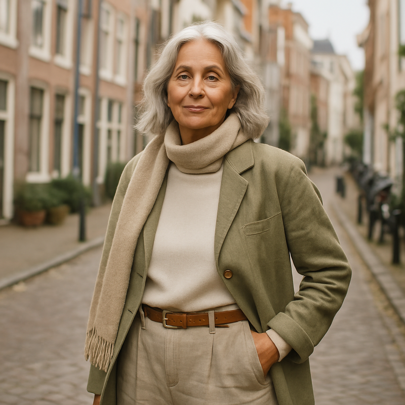 Stijlvolle oudere vrouw in duurzame mode poserend op straat in Leiden