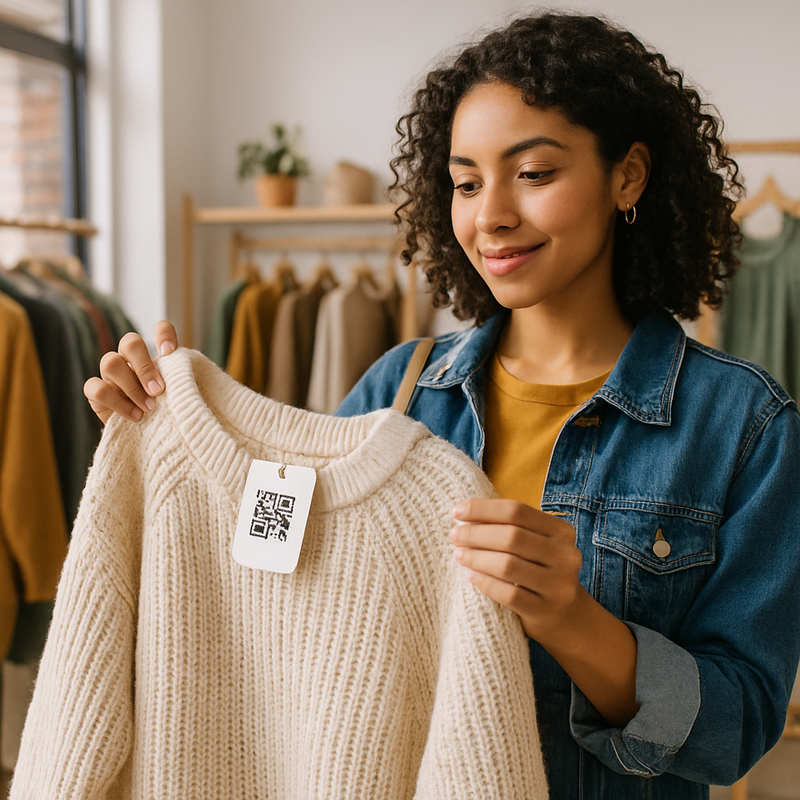 Een modieus persoon toont een circulaire trui met een QR-code in een duurzame modewinkel