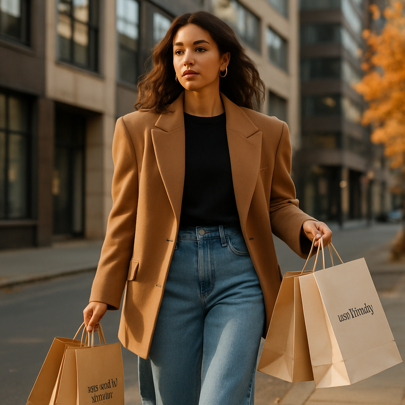 Vrouw loopt in herfst-outfit met grote schouders en wide-leg jeans, draagt duurzame kleding en boodschappentassen.
