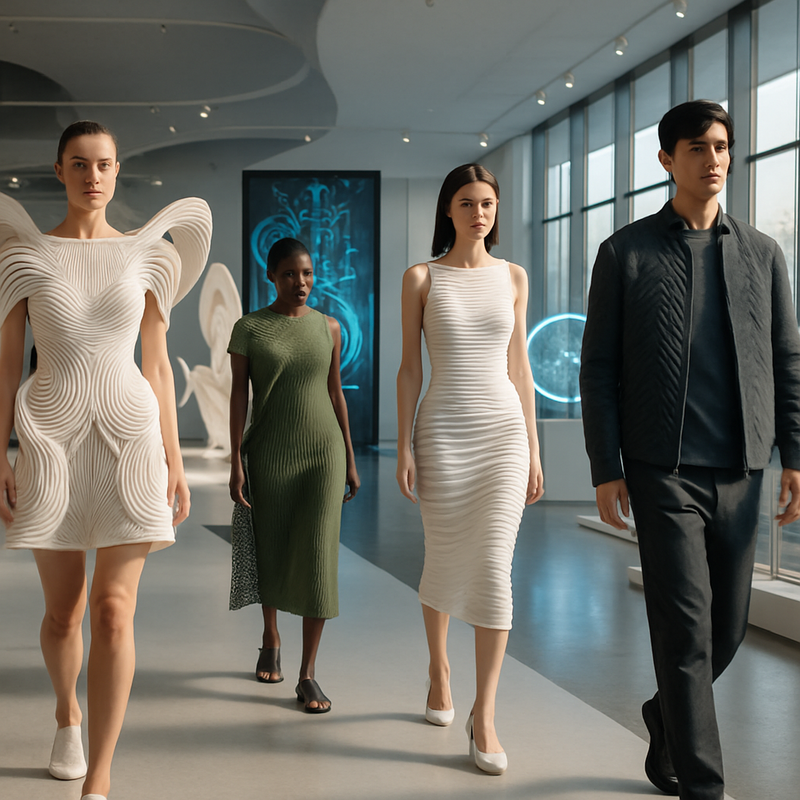 Futuristische modecollectie met 3D-geprinte en duurzame kleding in een moderne galerij