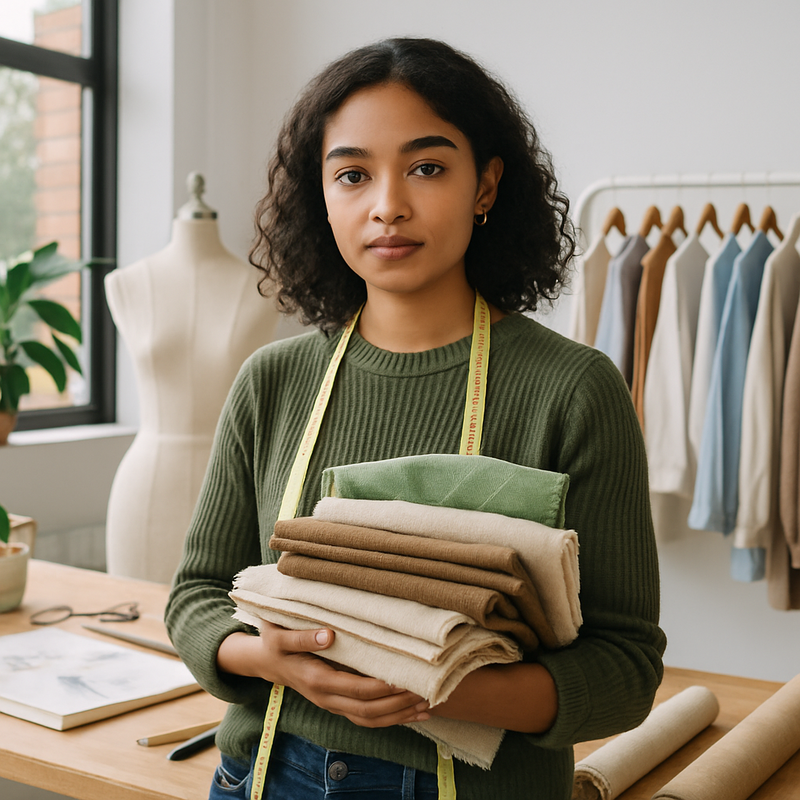 Diverse jonge vrouwelijke modeontwerper met duurzame stoffen in moderne studio