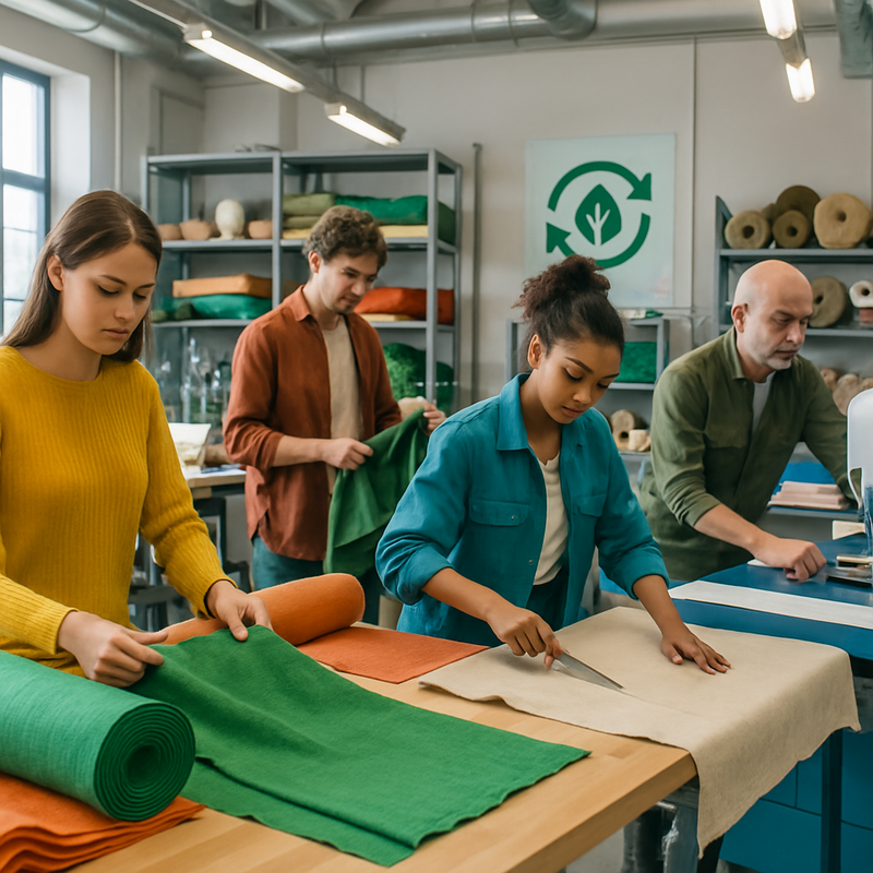 Moderne duurzame mode productie met eco-vriendelijke stoffen in een high-tech Nederlandse werkplaats